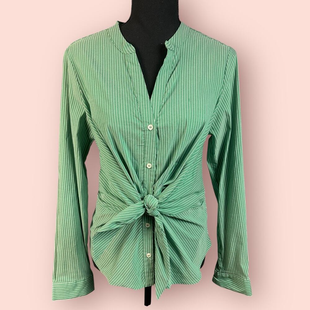 Maeve Women’s Size 8 Green/White Pinstripe Tie Front Button Up Shirt